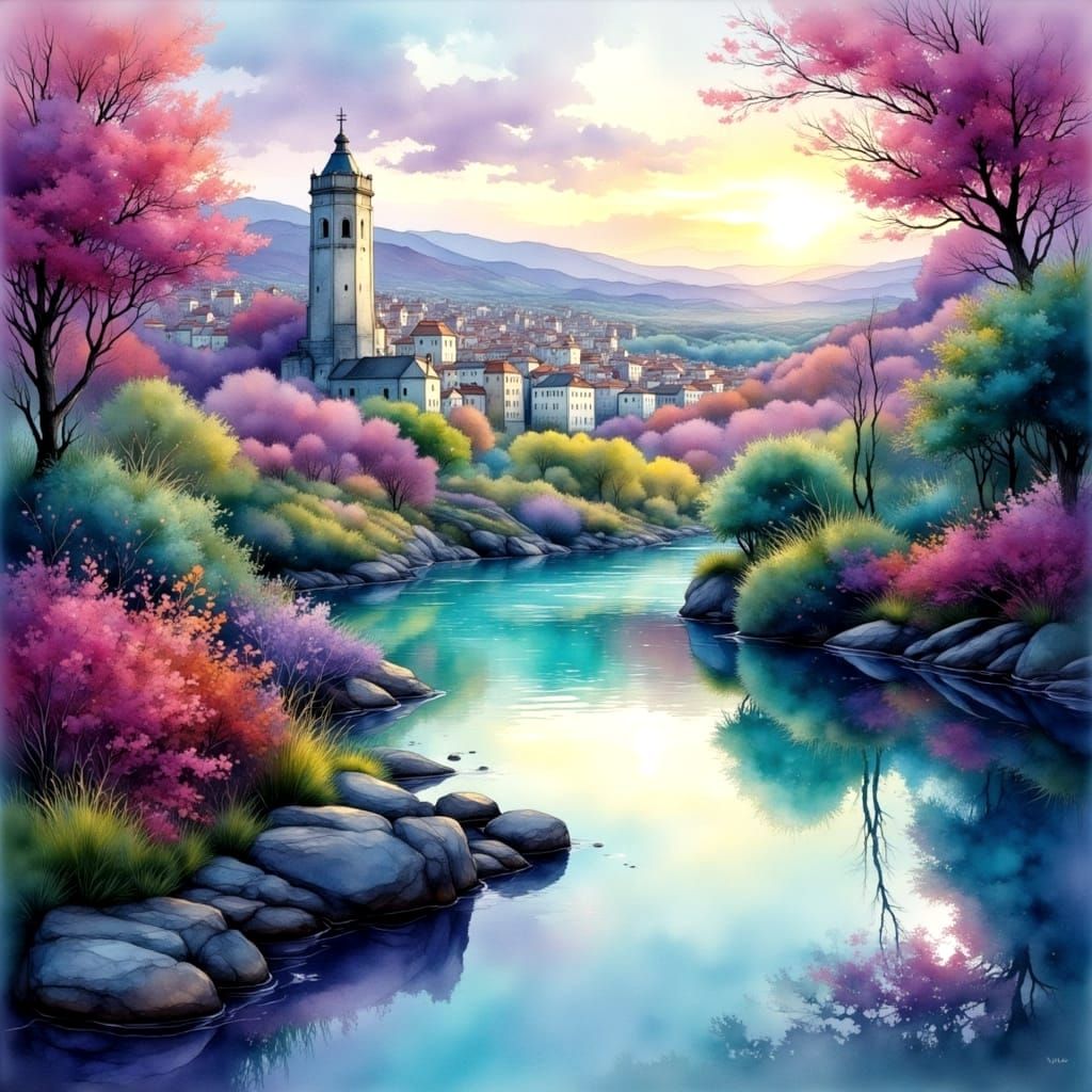 Radiant Cityscape in Watercolor Splash Art Style