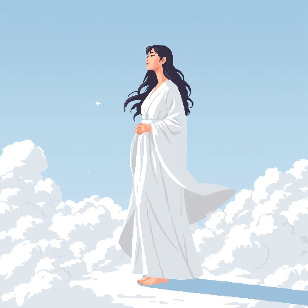 Serene Woman in Pixel Art Heaven with Clouds