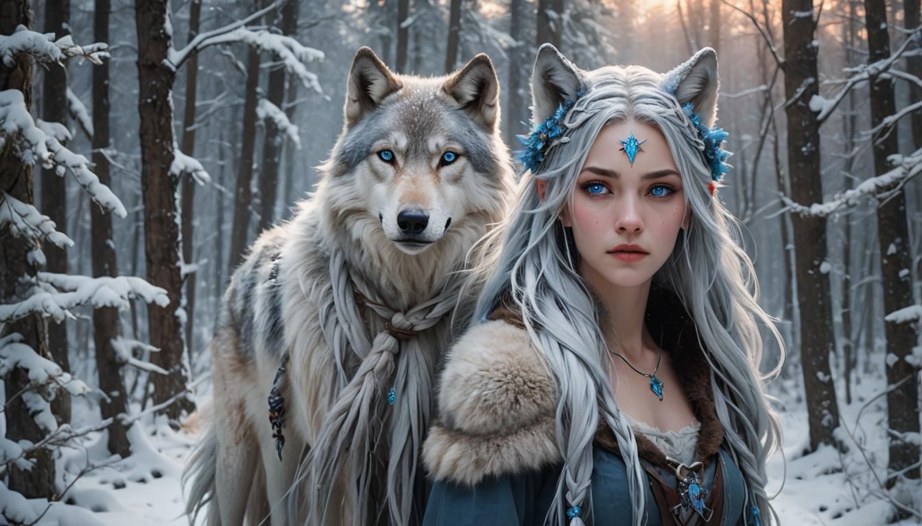 Wolf-Girl Hybrid in Snowy Forest: Cyberorganic Style
