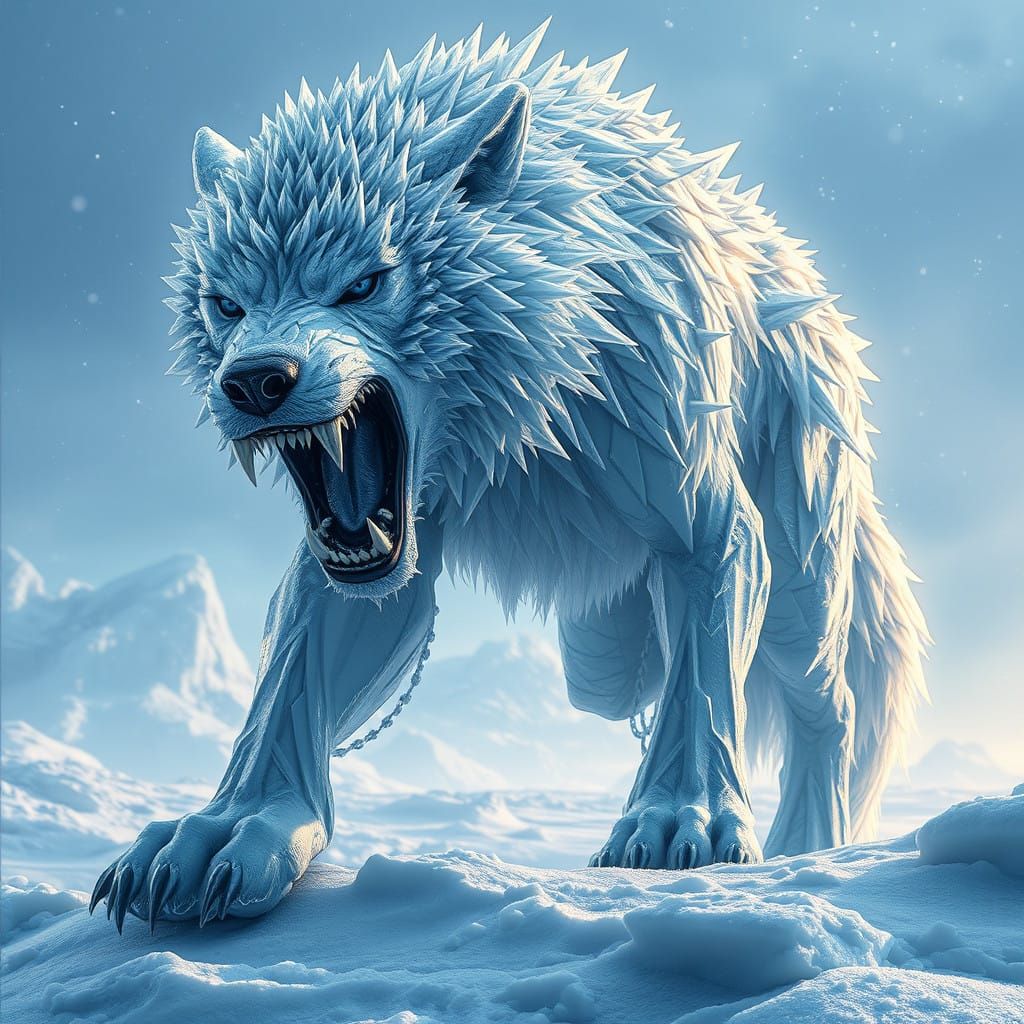 Imposing Ice Wolf in High-Fantasy Style