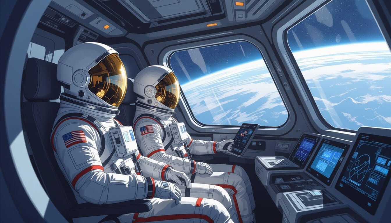 Astronauts in Spaceship Cockpit with Earth View