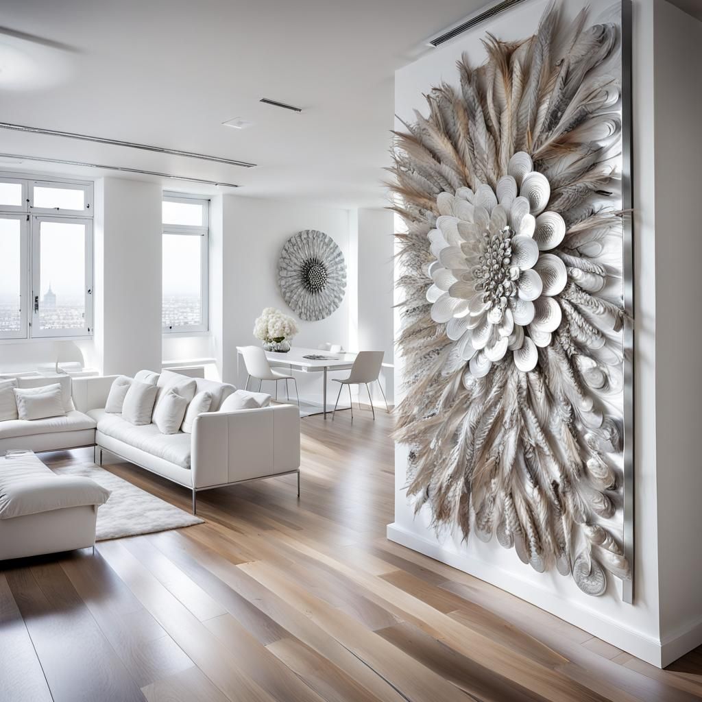 A large modern art piece on a white wall feathers, plaster, ...