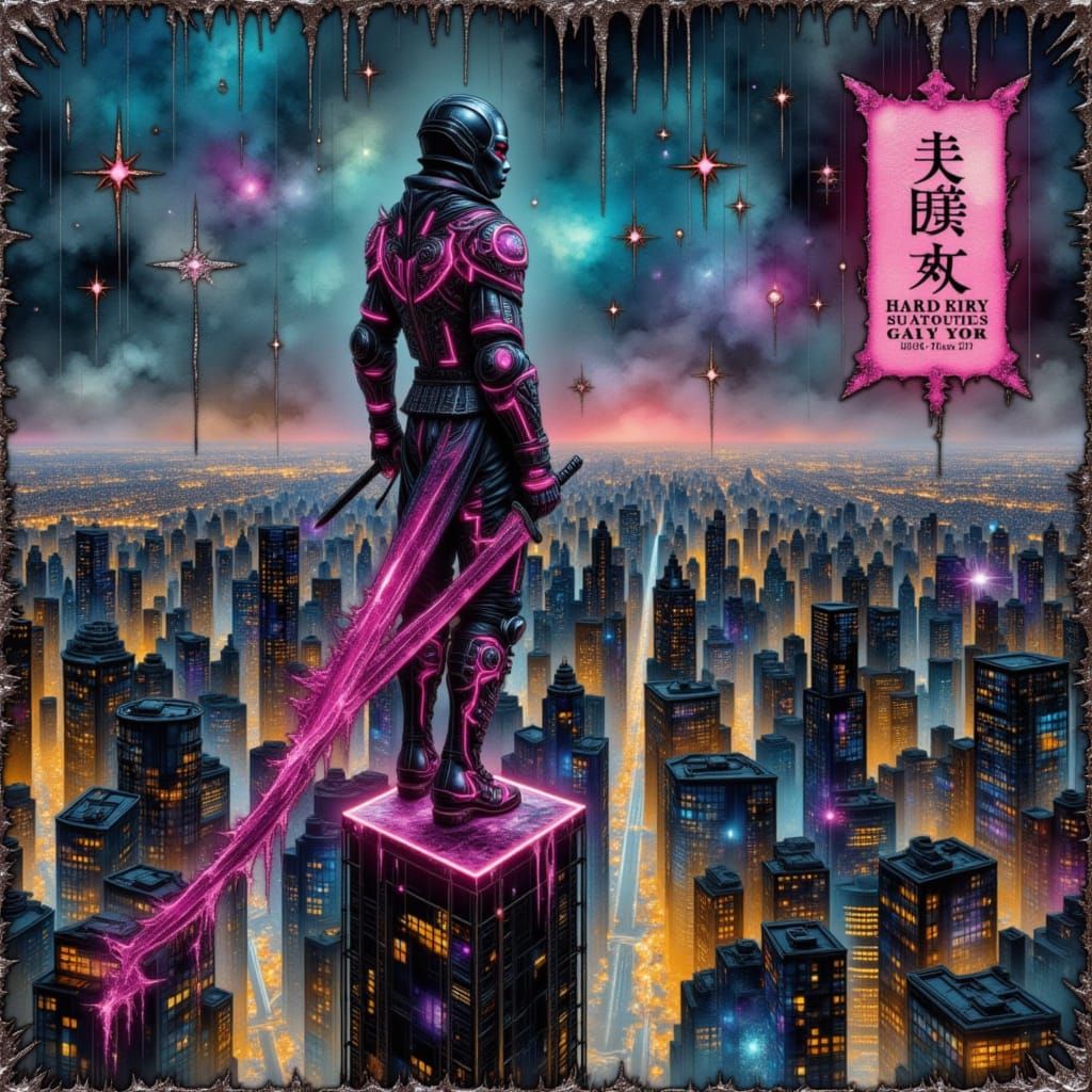 Cyberpunk Samurai Overlooking Neon NYC