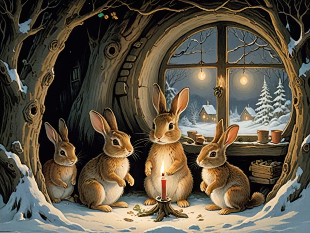 Rabbits in Cozy Hollow Tree Home