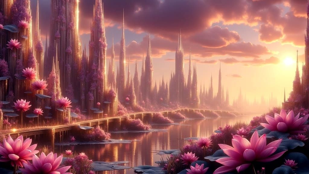Surreal Lotus Cityscape in Ethereal Fantasy Style