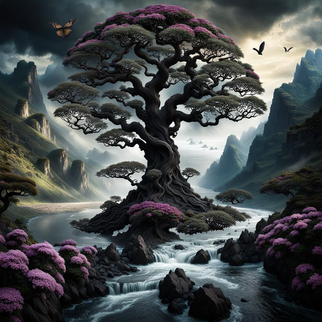 Giant Bonsai Tree in Eerie Landscape