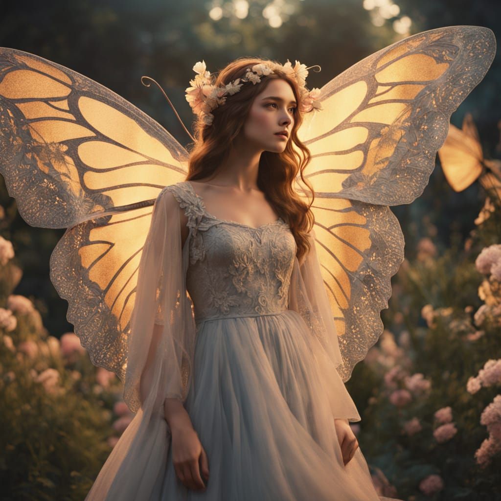 Enchanted Lady in Fantasy Garden with Butterfly Wings