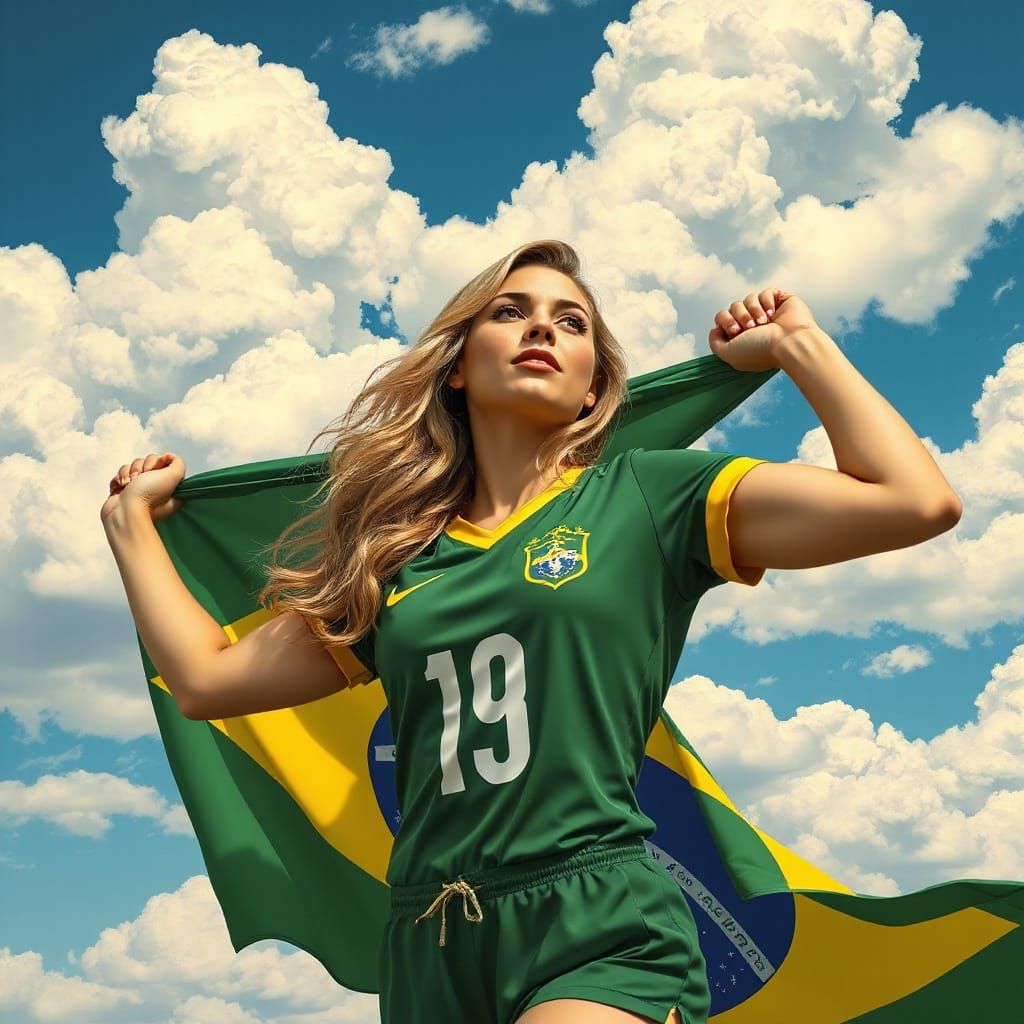 Blonde Woman Proudly Holds Brazilian Flag, Art Nouveau Style