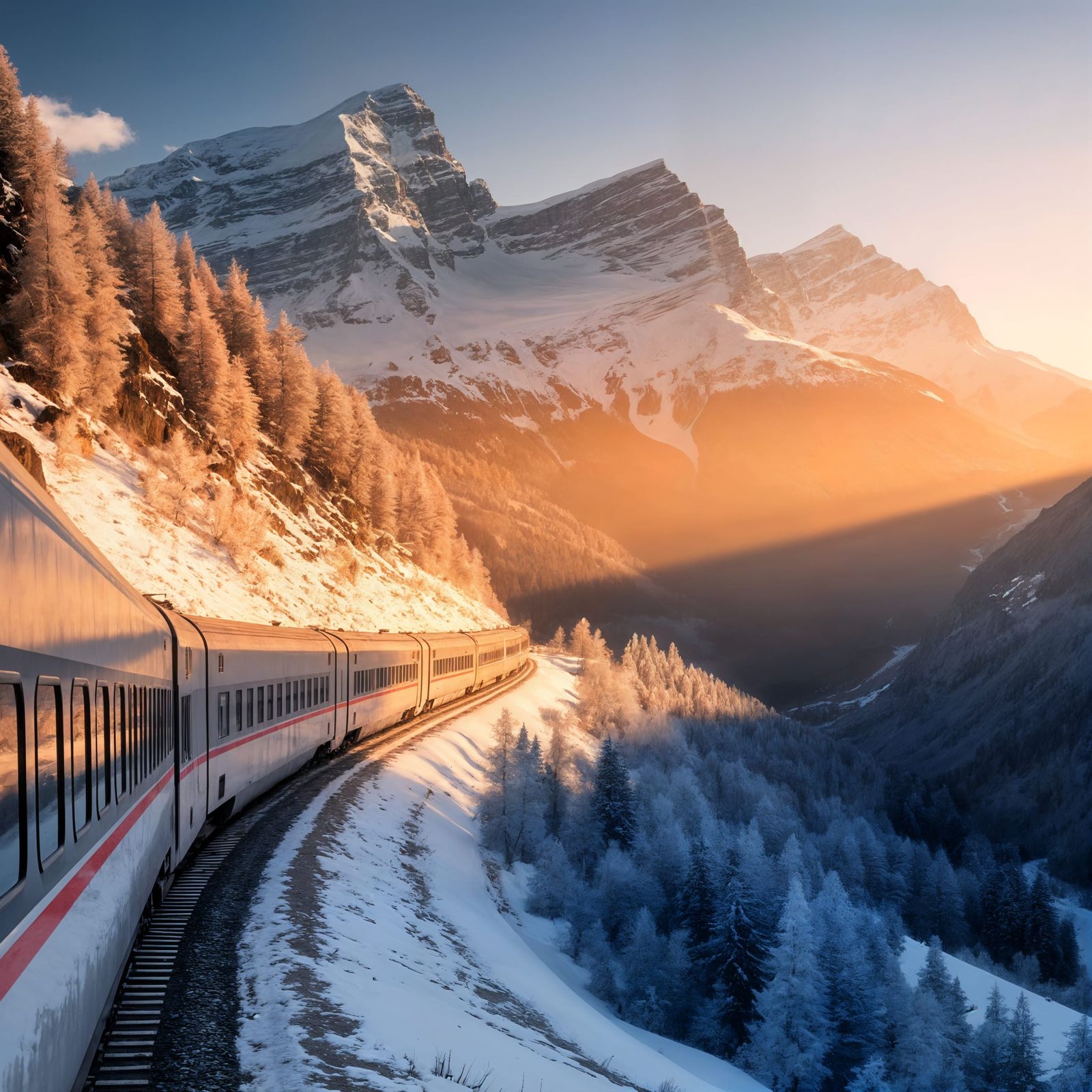 Swiss Train Ascends Majestic Alps in Golden Light