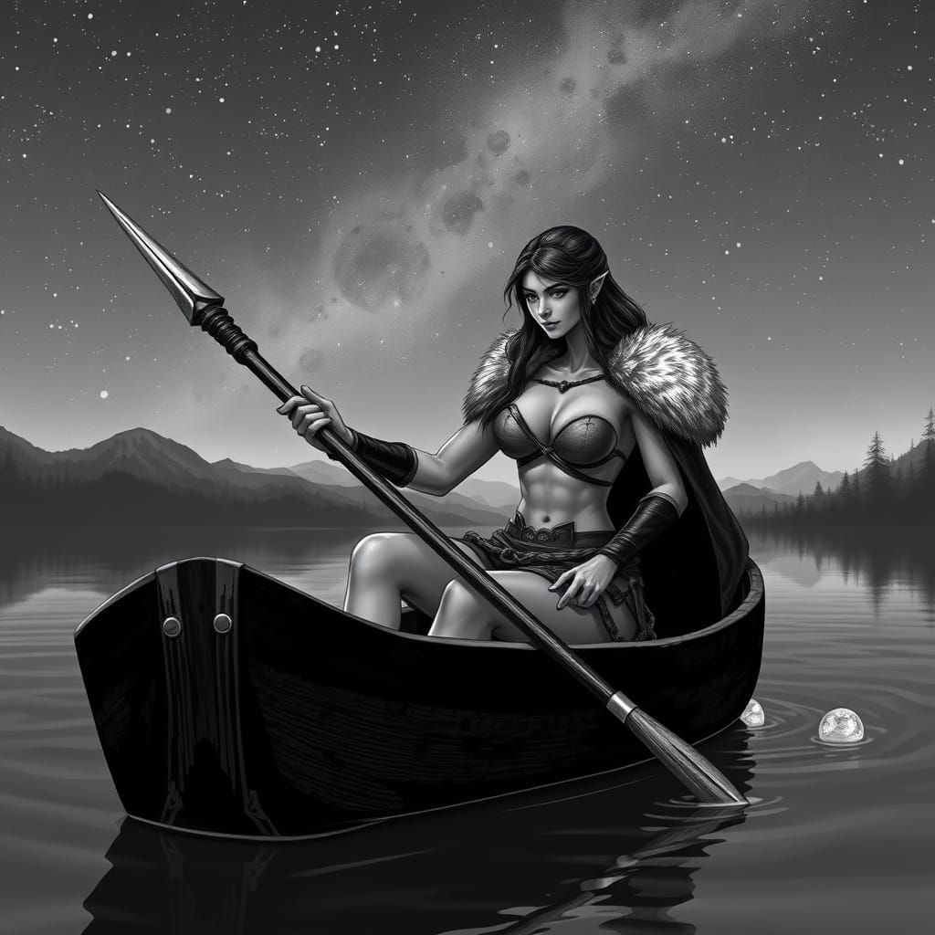 Monochrome Warrior Woman on Longboat Under Stars