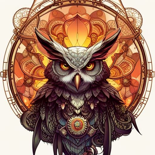 Steampunk Owl with Luminous Colors and Golden Outlines