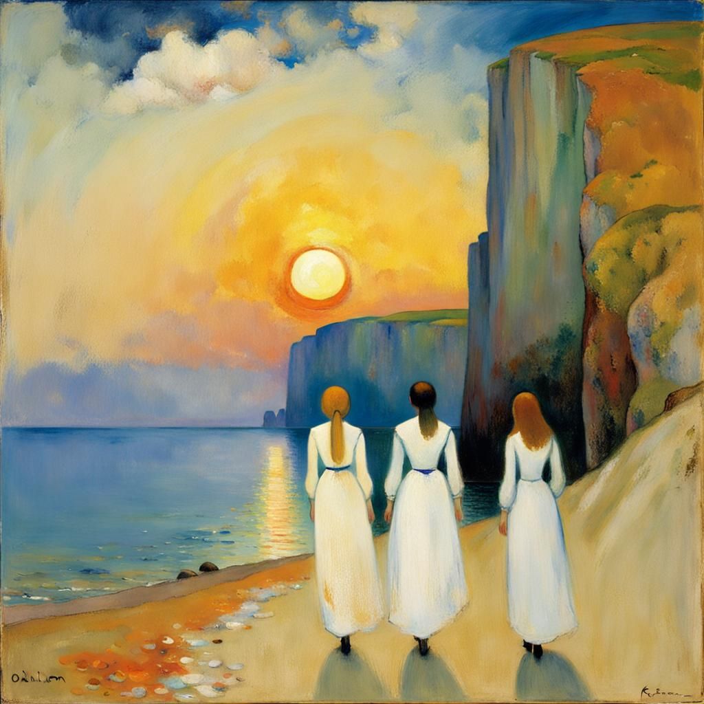 Women on Beach at Sunset in Symbolist Style