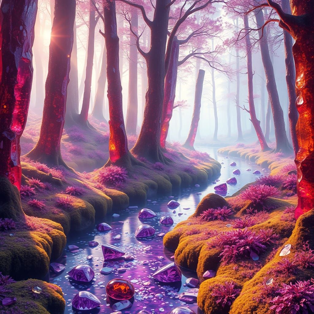 Surrealistic Crystal River Landscape in Dreamlike Settings