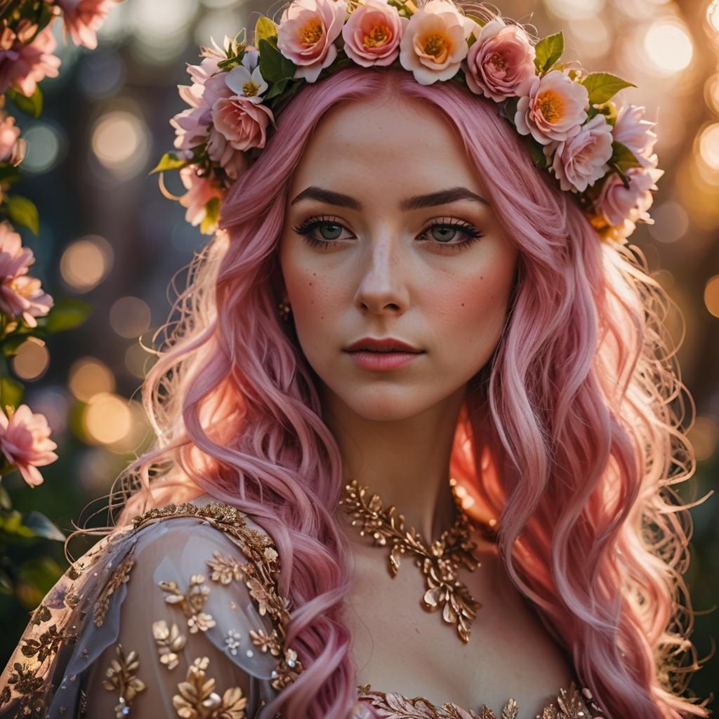 Mythical Woman Portrait with Pink Hair in Golden Hour