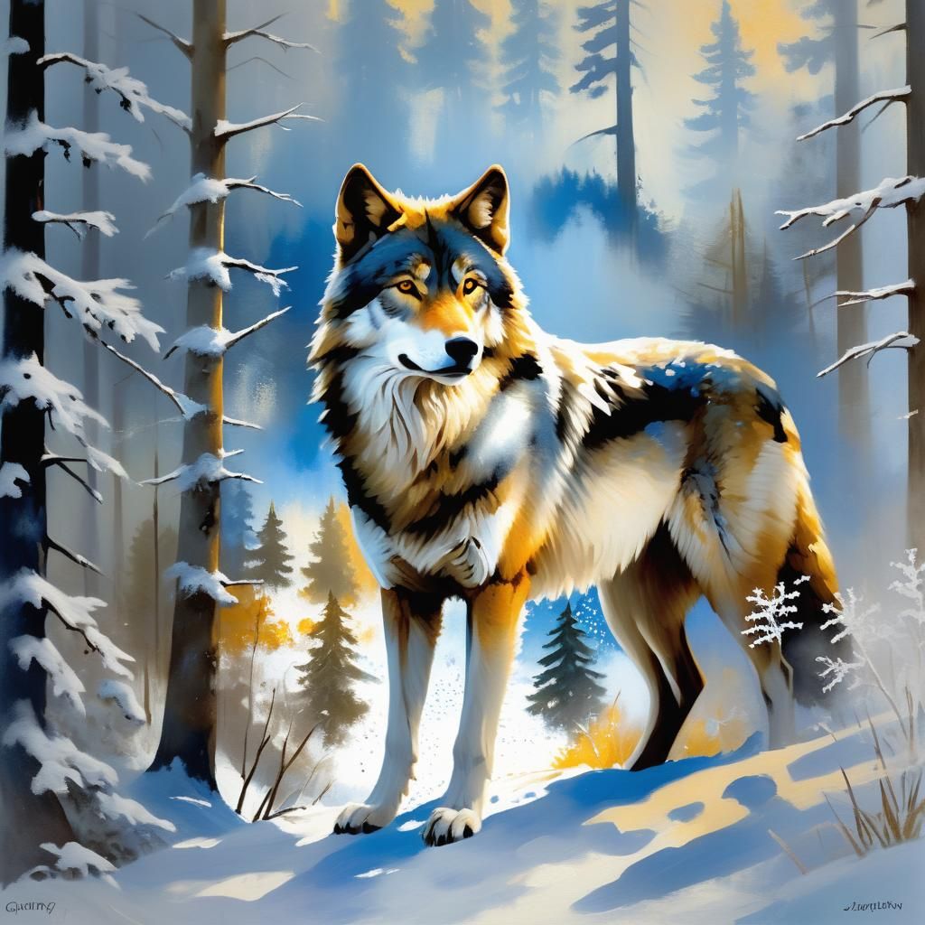 Wolf in Snowy Forest as Impressionist Painting