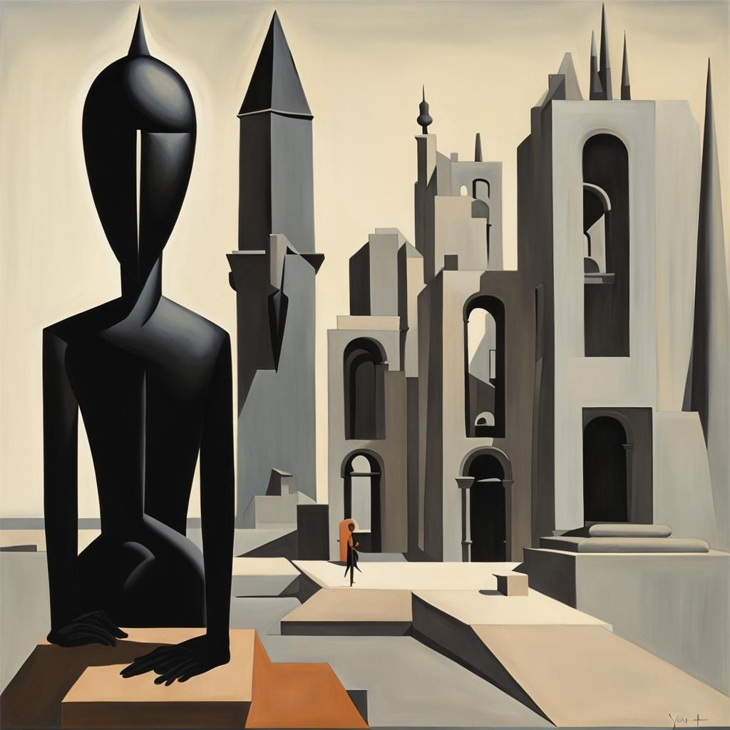 Surrealist Figure Against Architectural Backdrop