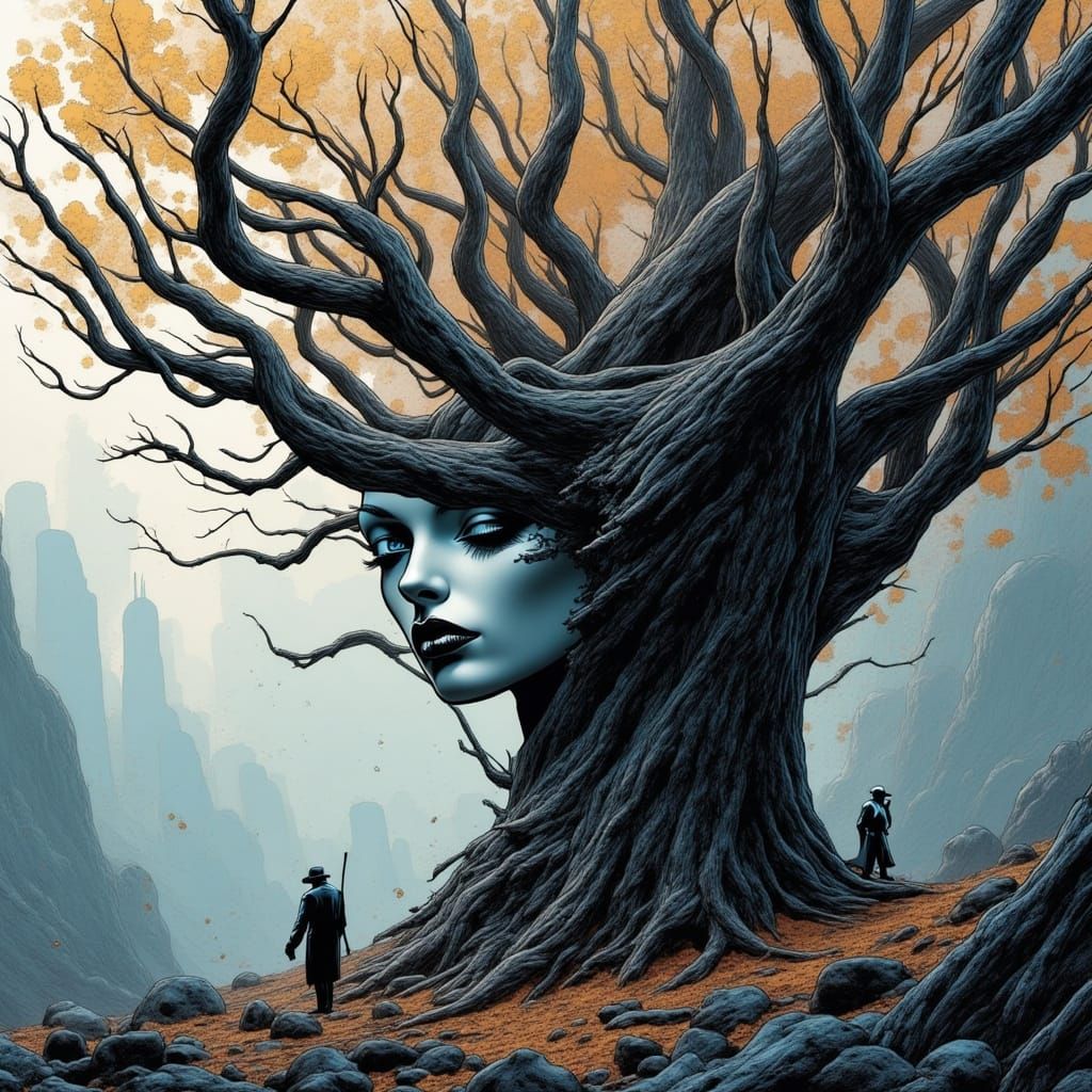Eerie Tree Face in Gothic Watercolor Style