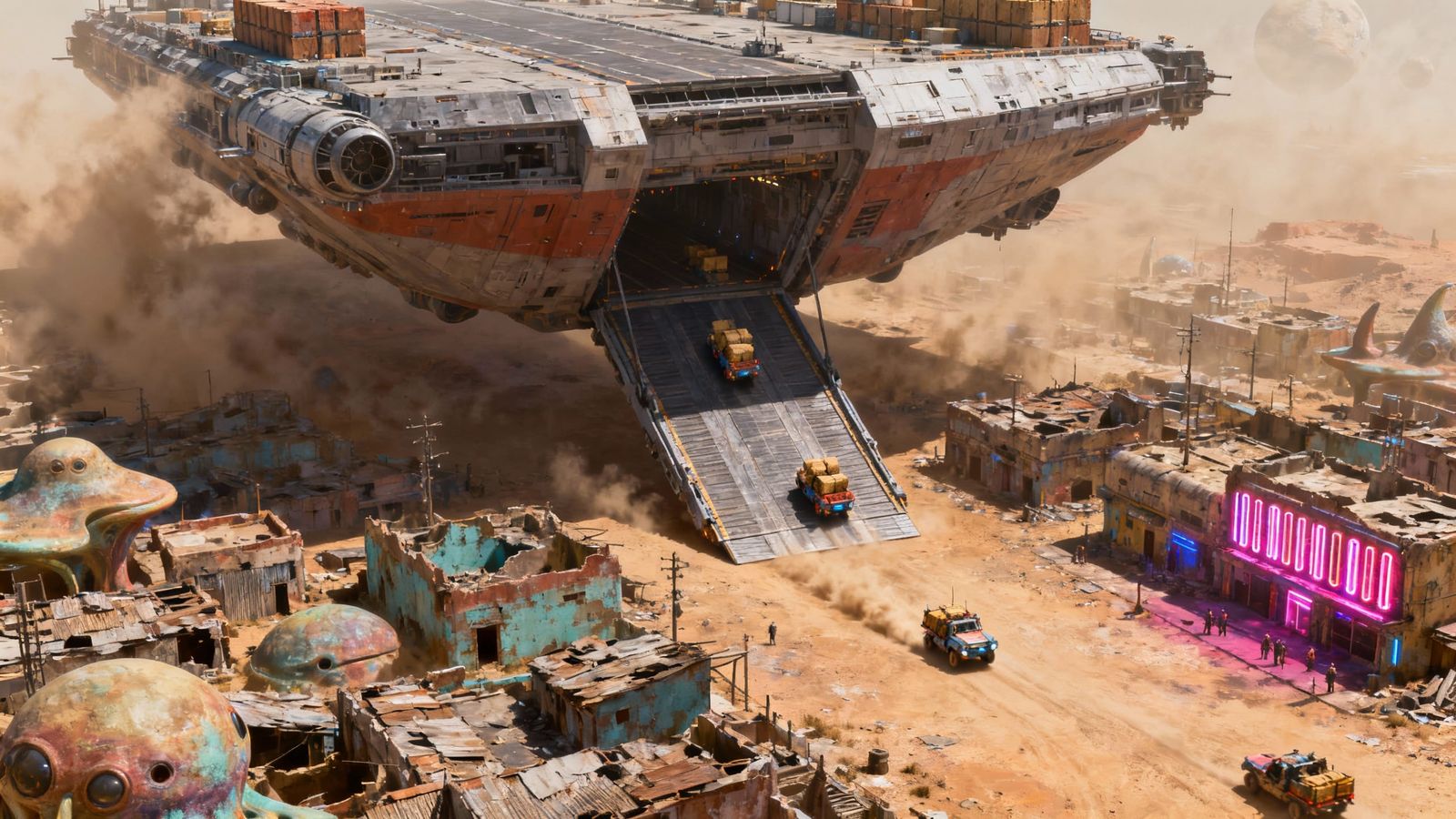 Sci-Fi Cargo Ship Delivering Supplies to Alien Town