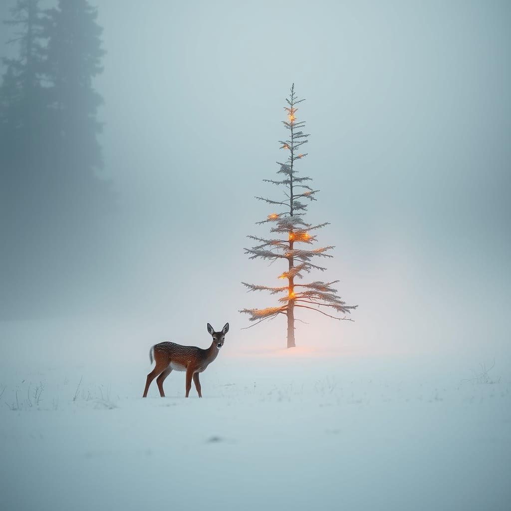 Winter Forest Clearing with Fawn and Glowing Tree