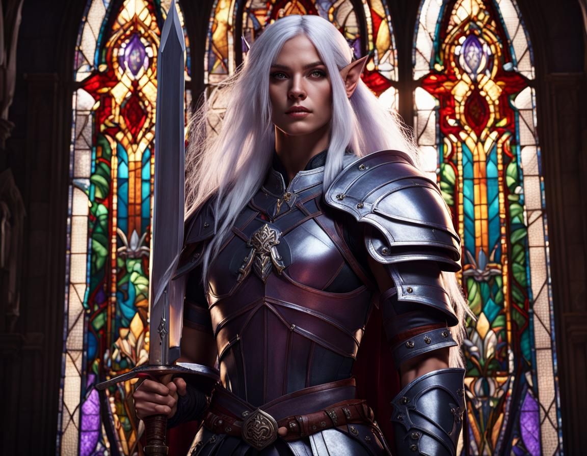 Muscular Barbarian Woman in Church, Detailed Matte Painting