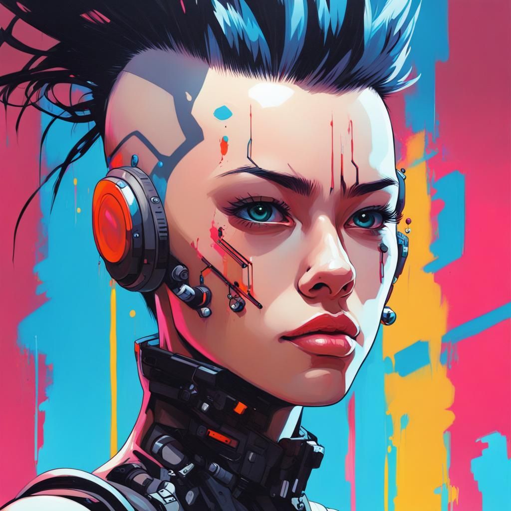 Cyberpunk Cyborg Woman Portrait in Graffiti Style