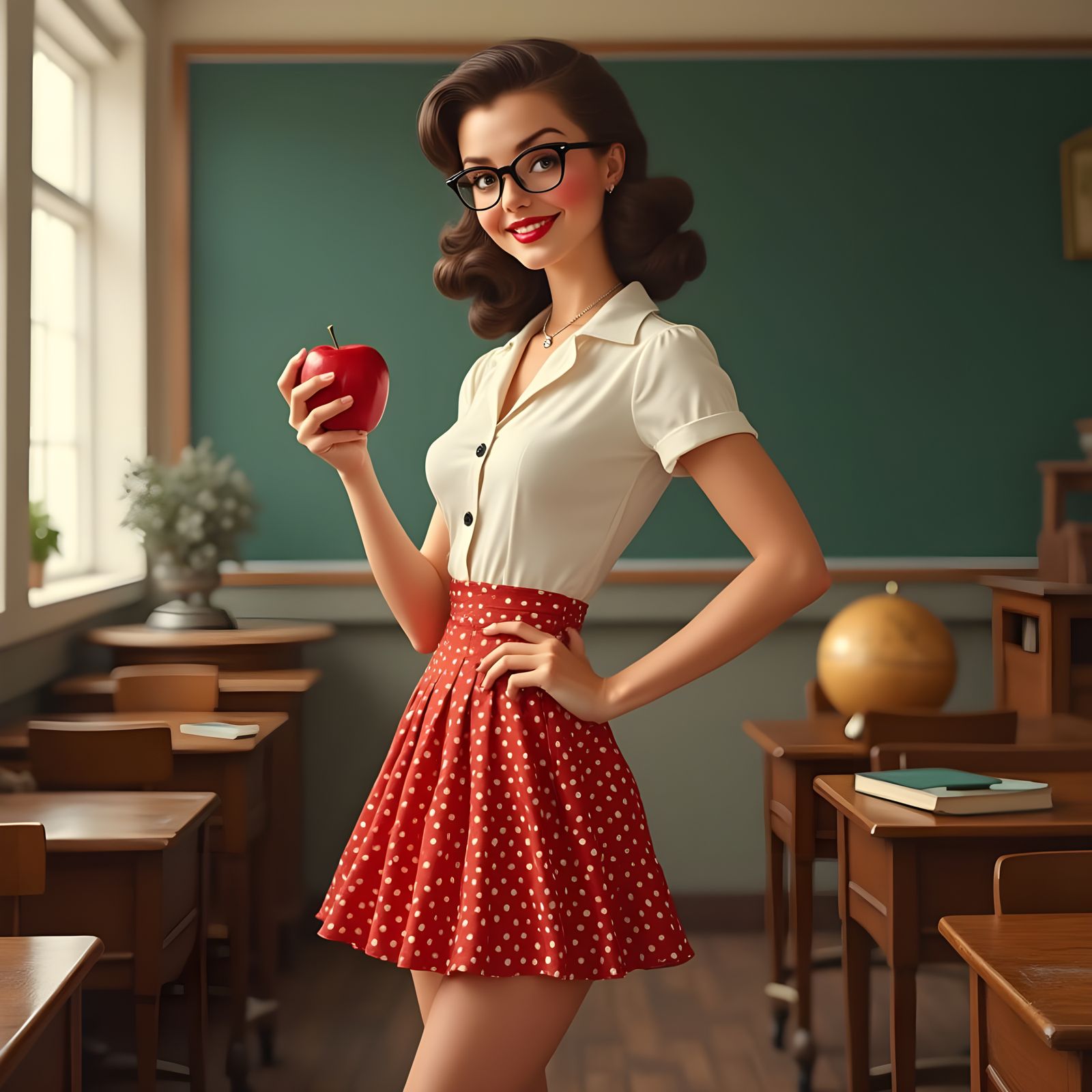 Alluring 1950s Teacher in Red Polka Dot Miniskirt