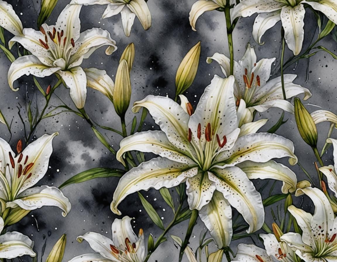 White Lily in Whimsical Watercolor with Ink