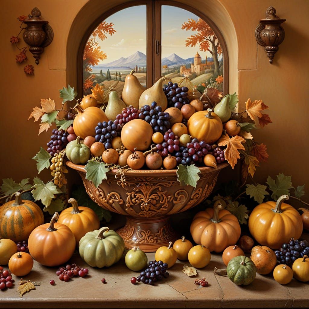 Bountiful Autumn Harvest in Italian Renaissance Maiolica Sty...