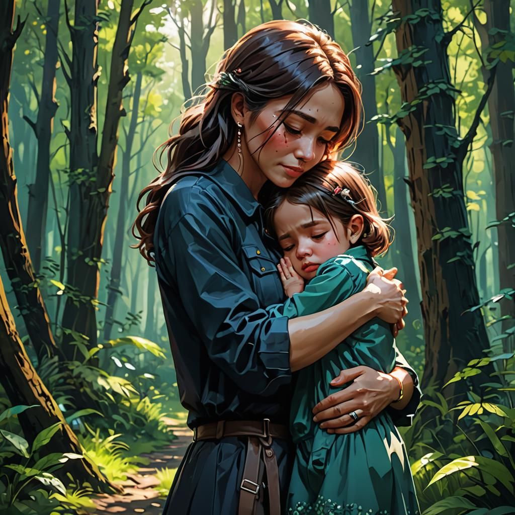 Emotional Mother and Child Embrace in Forestscape