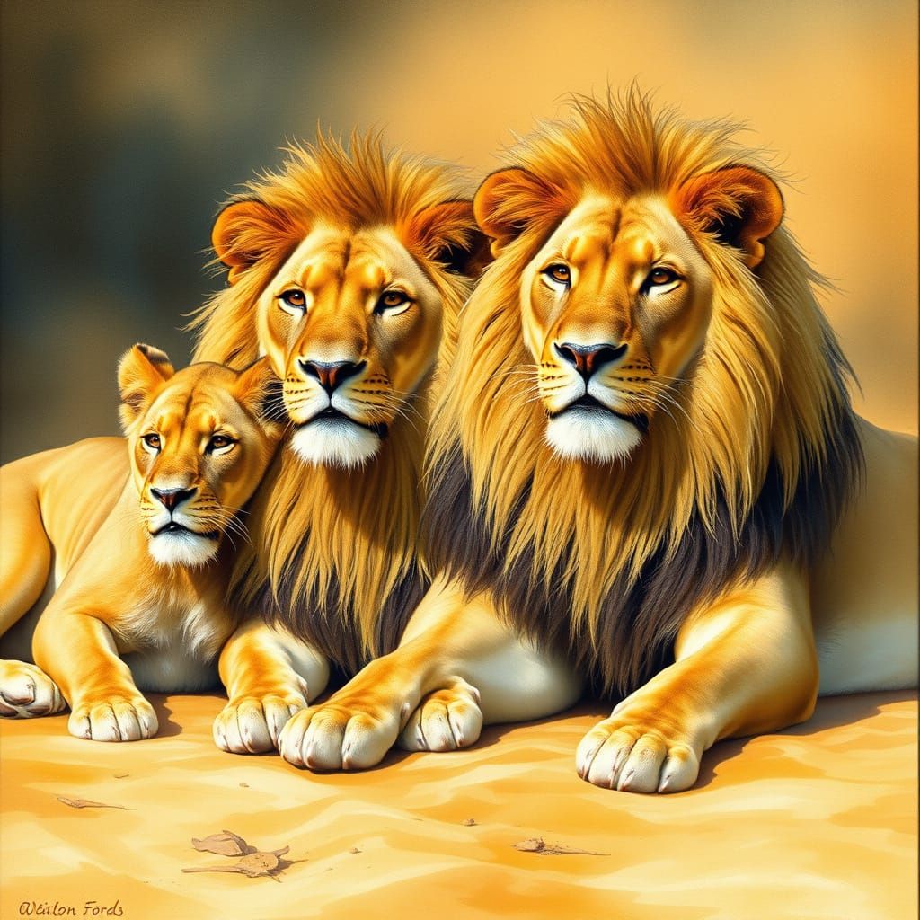 Regal Lions at Sunset in Serene Savannah Landscape