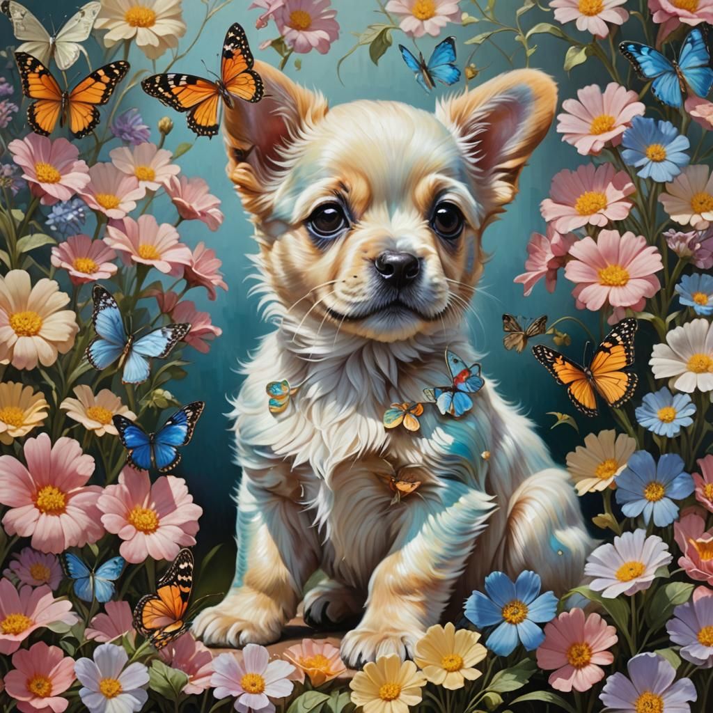 Puppy and Iridescent Butterfly, Hyperrealistic Oil Painting
