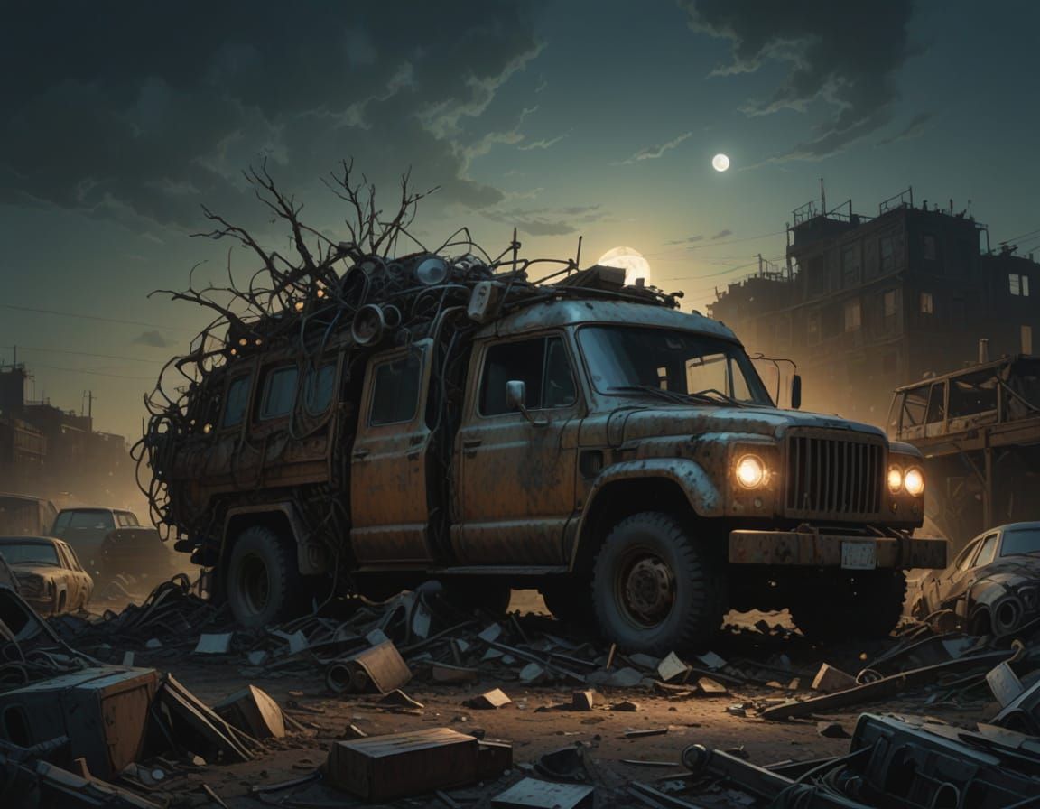 Densely Packed Scrapyard Scene Under Lunar Glow