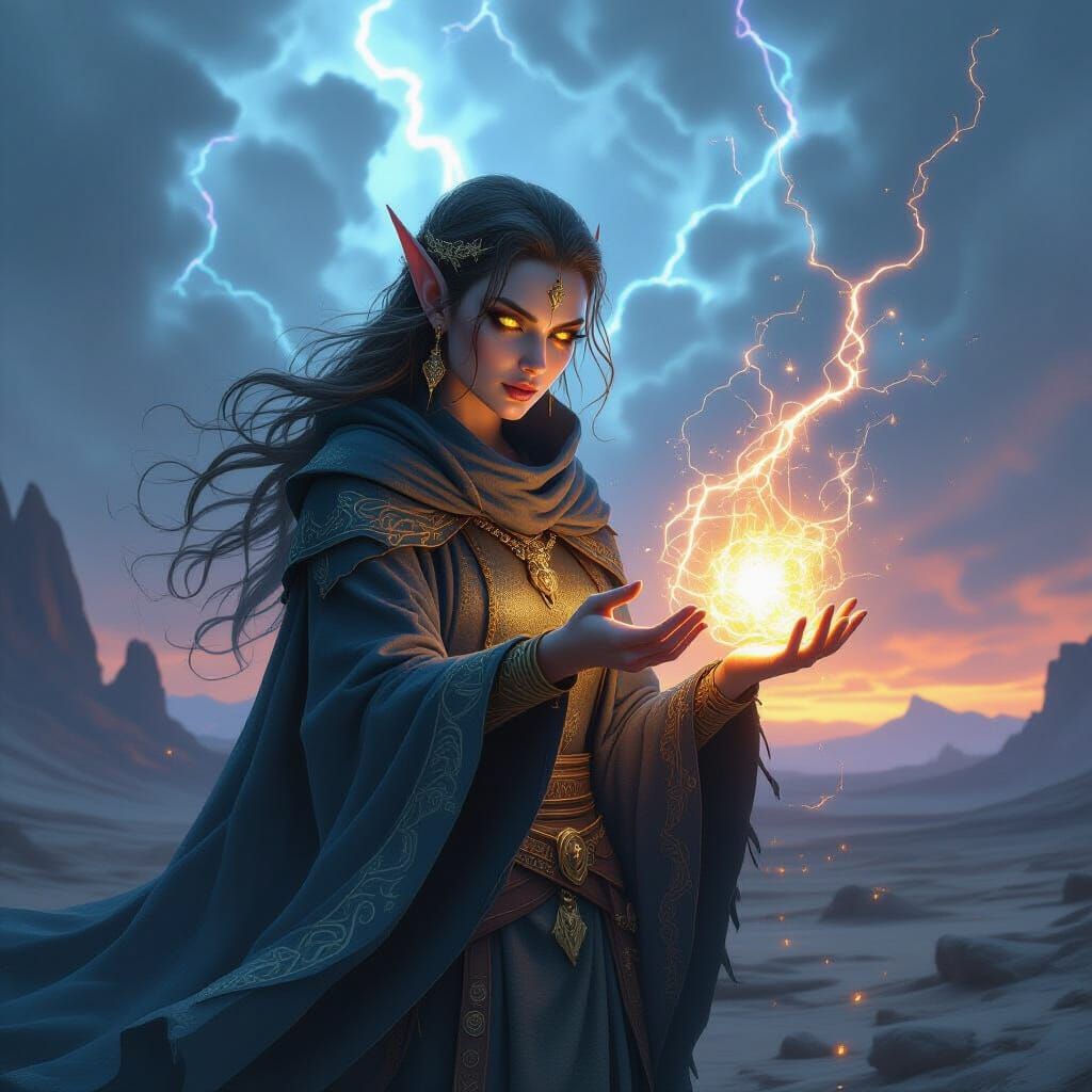 Elf Sorcerer Conjures Arcane Storm Over Alien Landscape