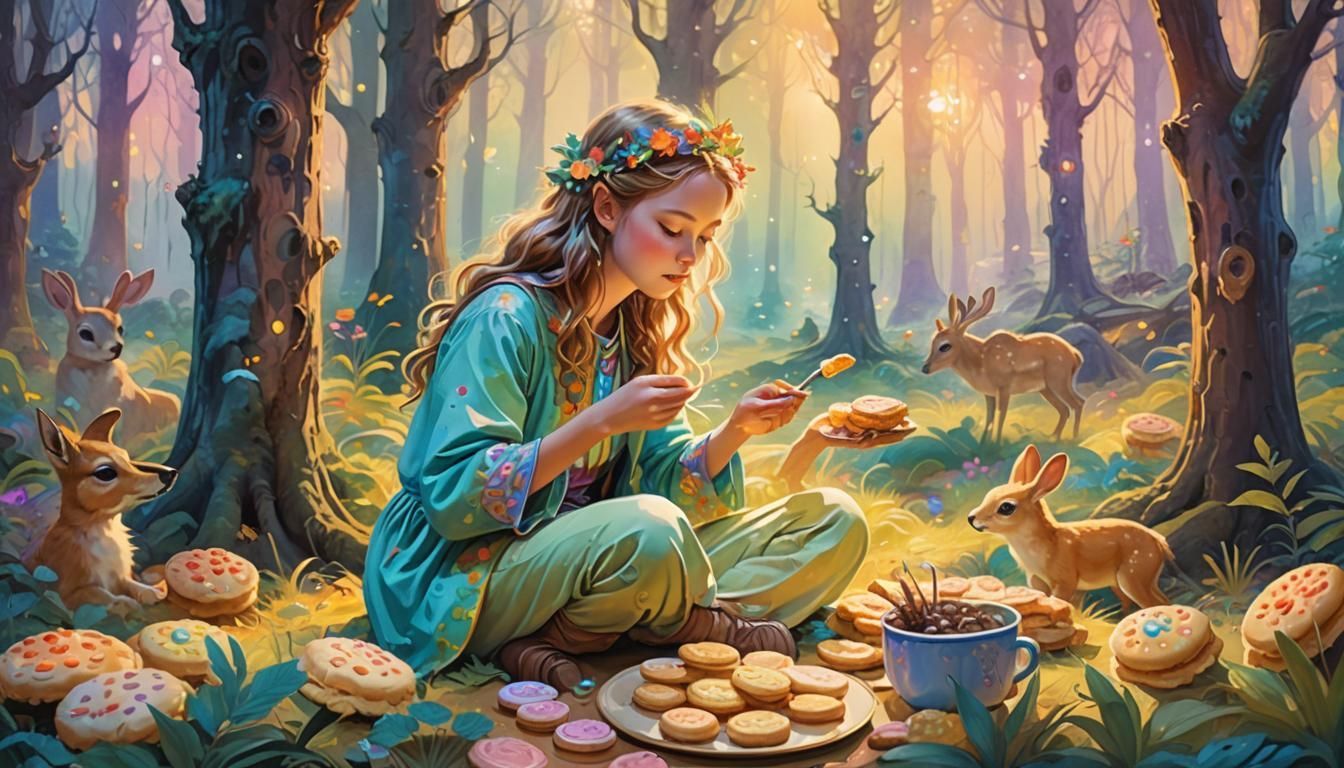 Nara Deer in Mystical Forest, Digital Watercolor