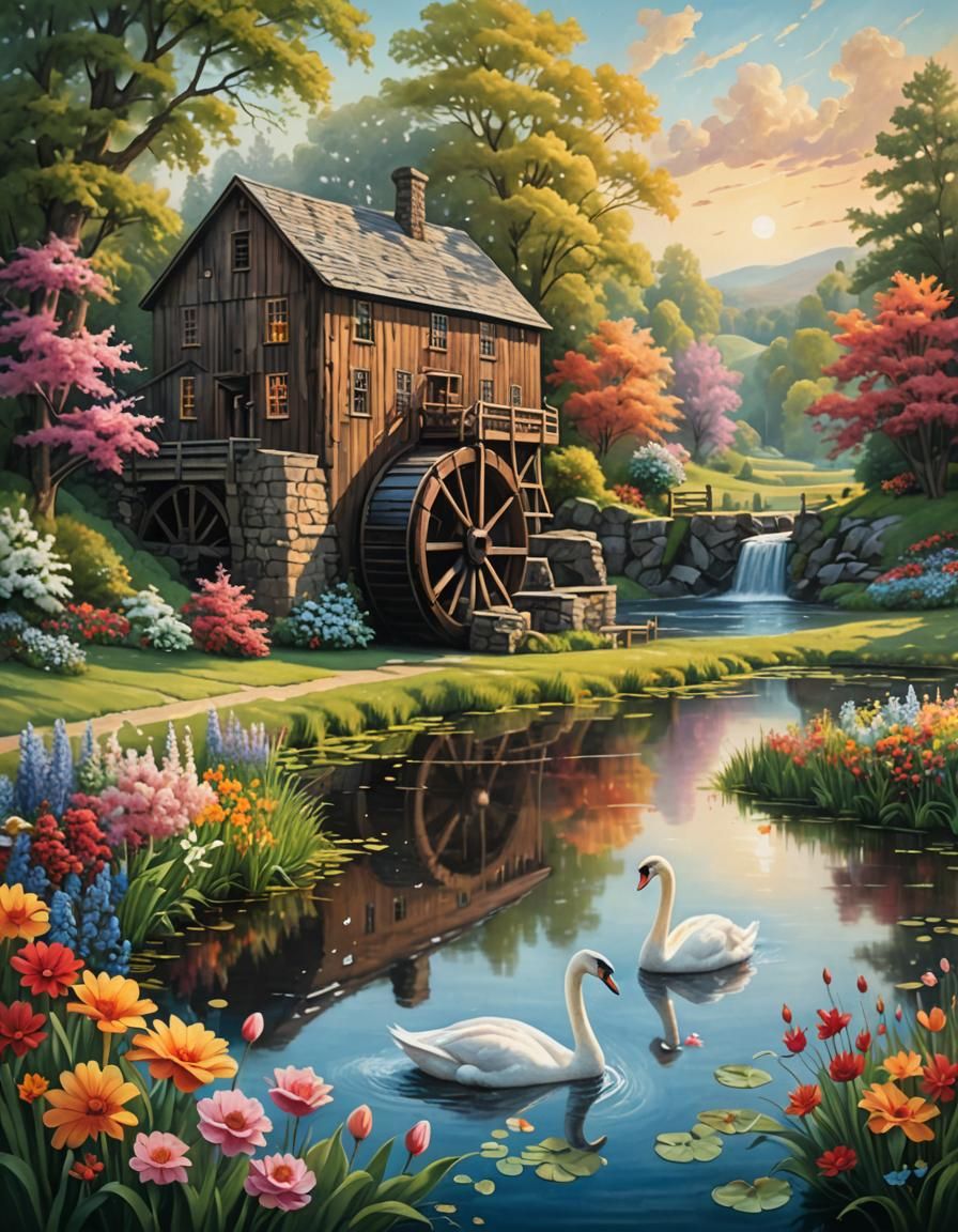 Surreal Grist Mill with Swan in Dreamy Landscape
