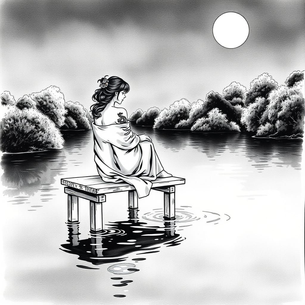 Serene Japanese Woman in Black and White Sumi-e Drawing