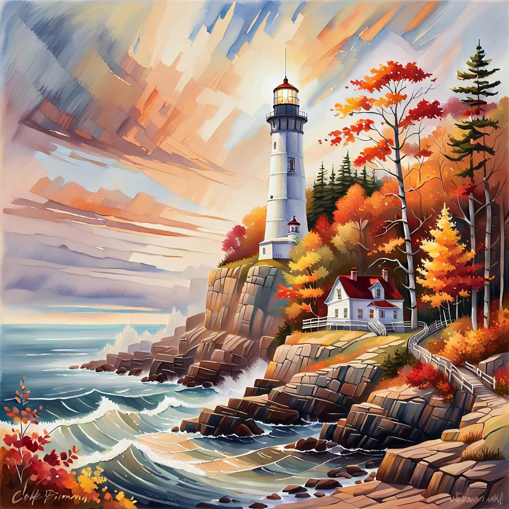 Lighthouse Landscape Painting in Expressionist Style