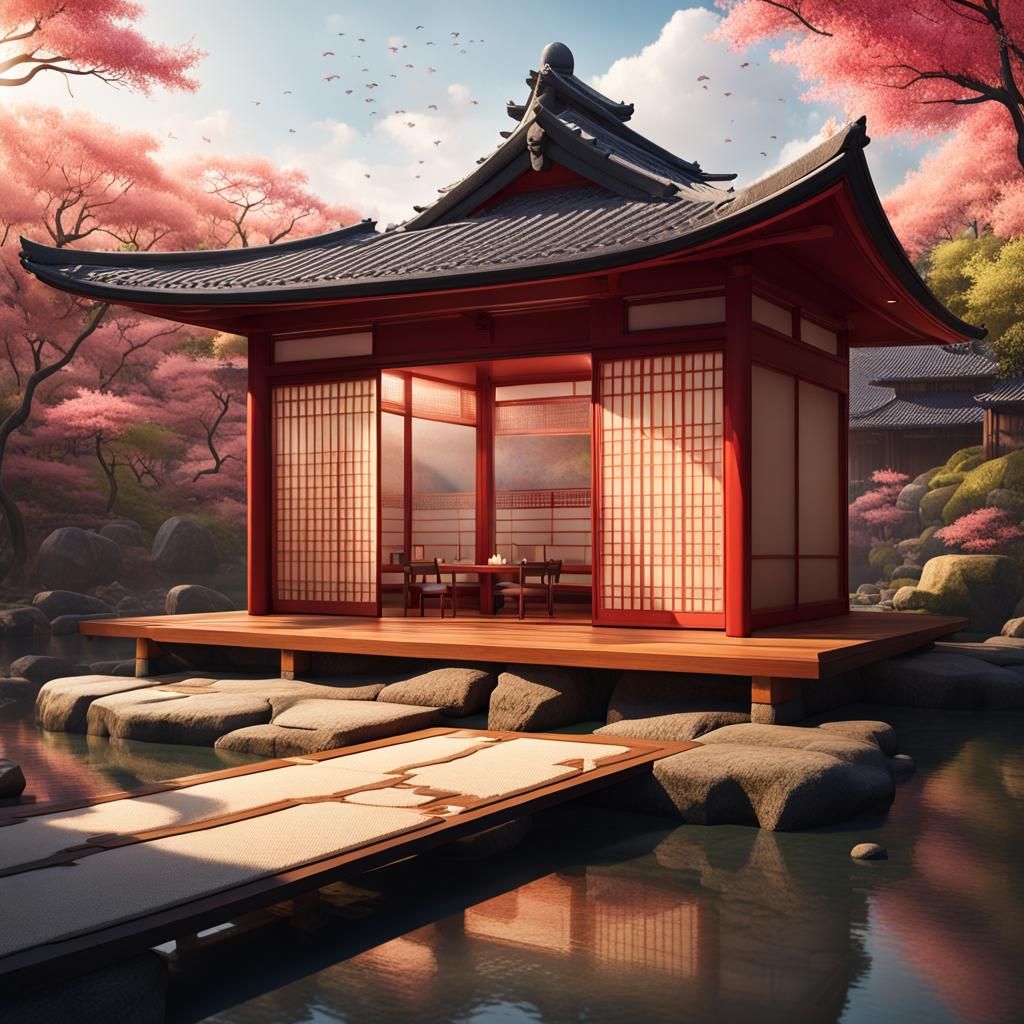 Minimalist Japanese Tea House Architecture in Hyperrealistic...