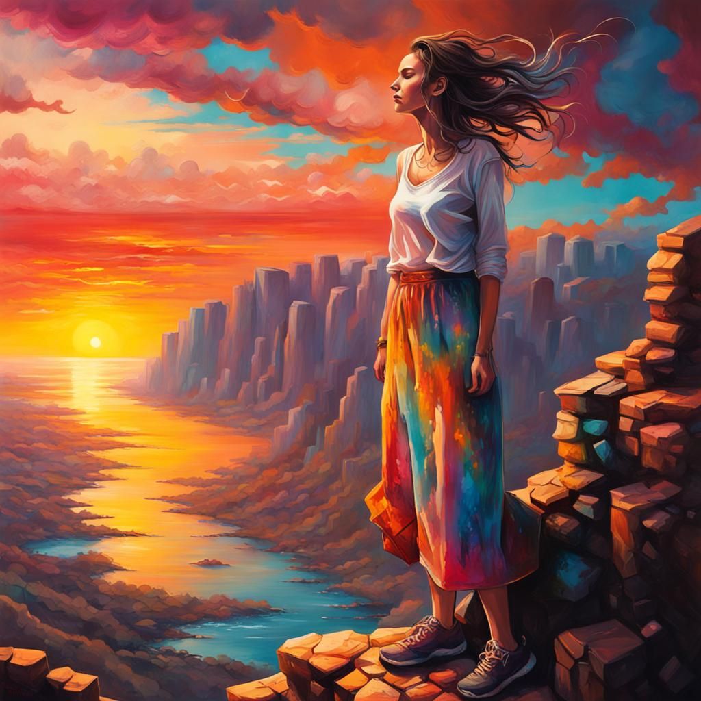 Woman Watches Five Sunsets: Graffiti Art Sunset