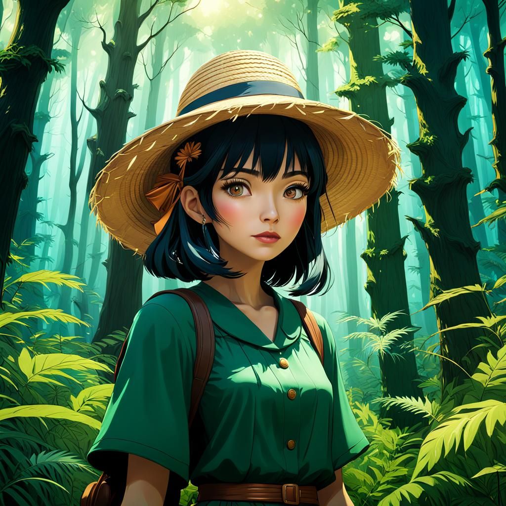 Ghibli Style Girl with Straw Hat in Forest