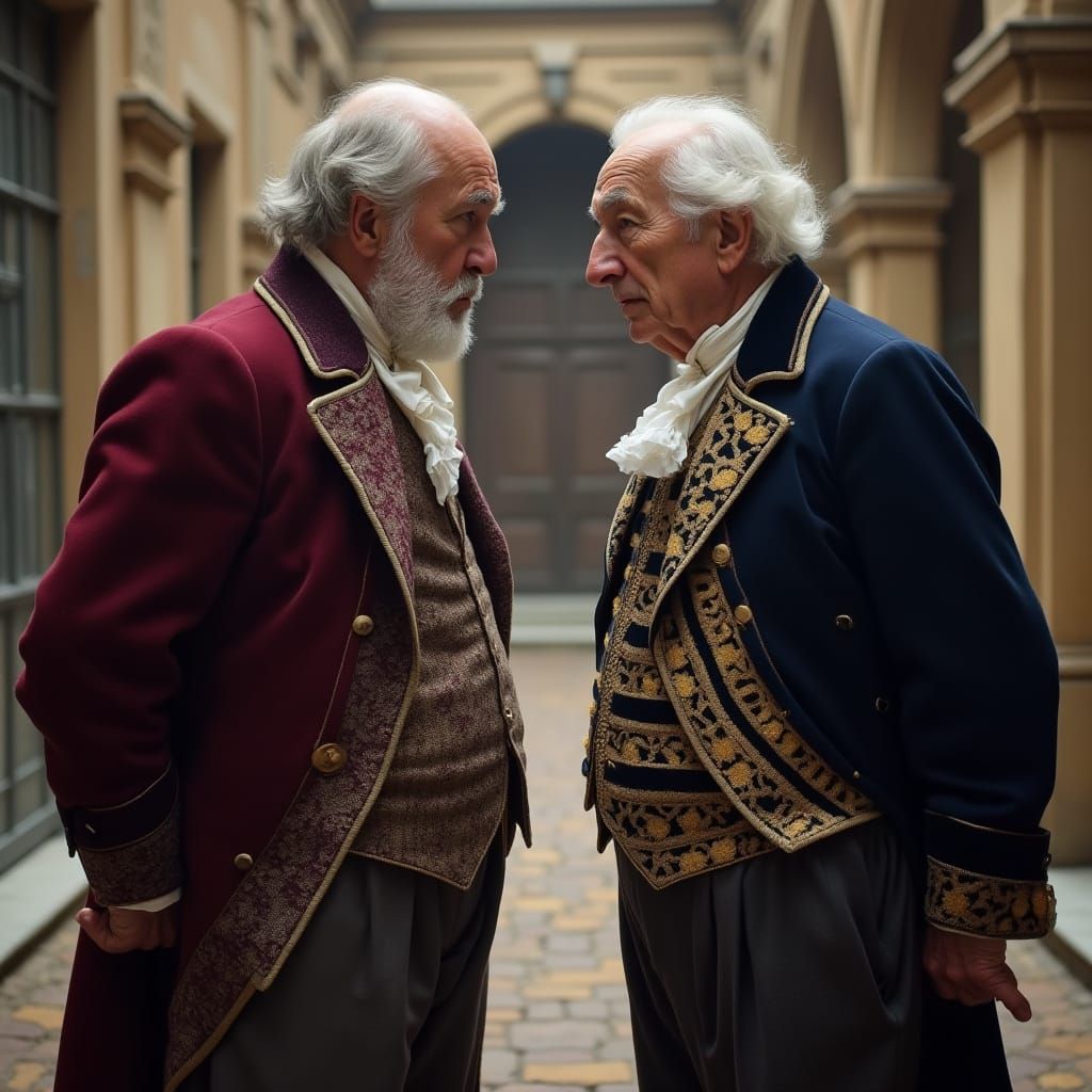 Elegant Noblemen Engage in Tense 19th-Century Courtyard Conf...