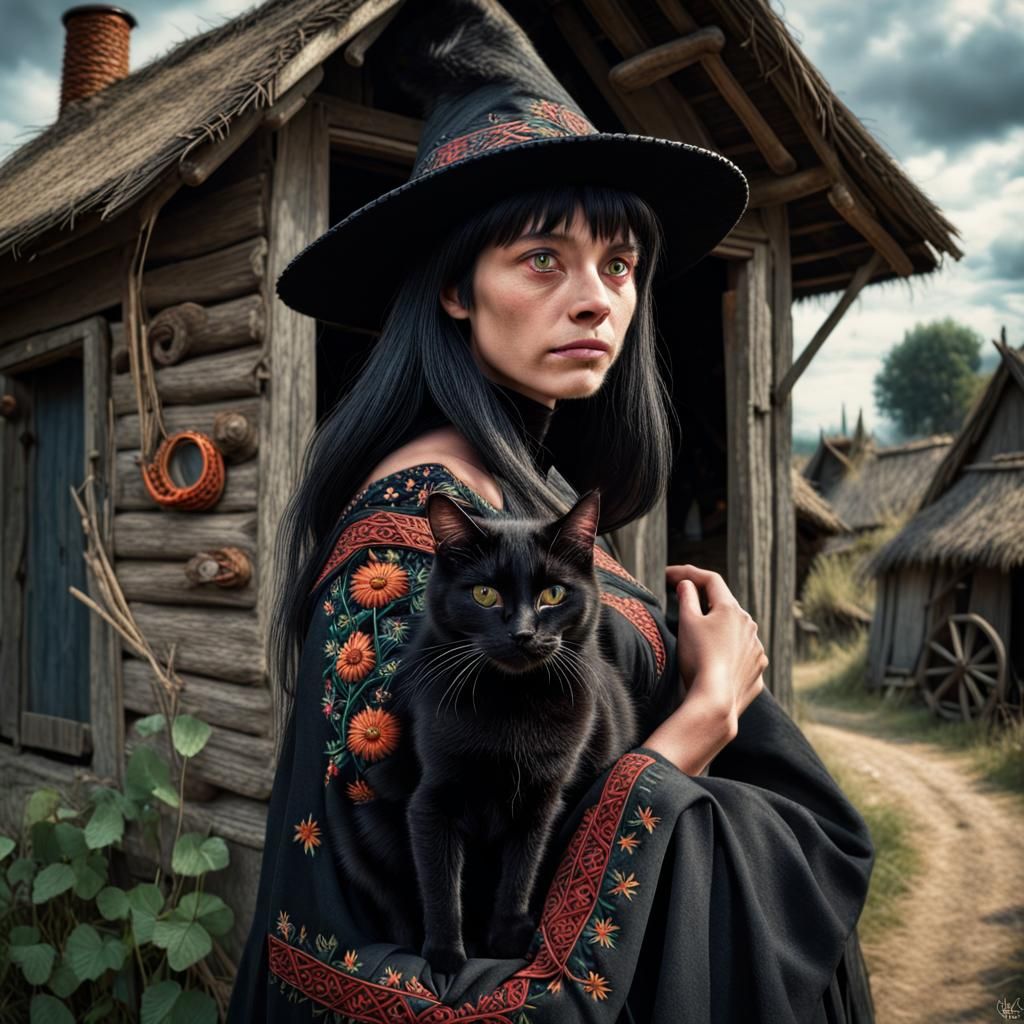 Witch of Embroidery with Familiar, Hyperrealistic Detail