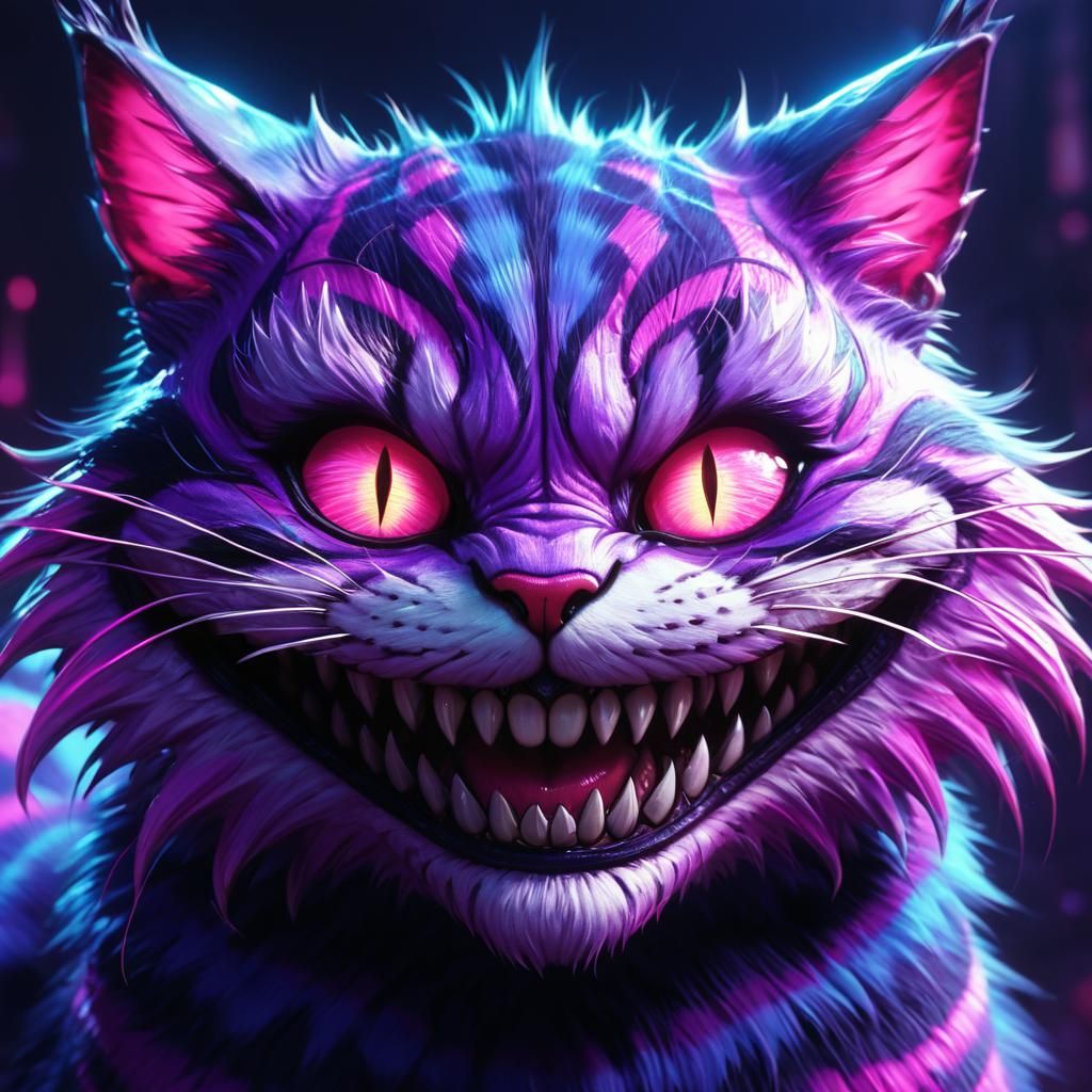 Intimidating Cheshire Cat with Neon Spiraling Eyes