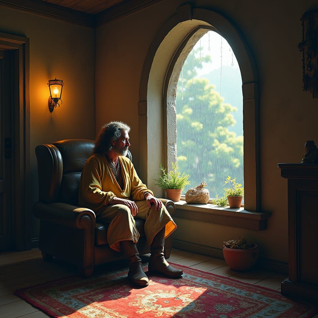 Melancholic Adventurer in Earth-Toned Chamber