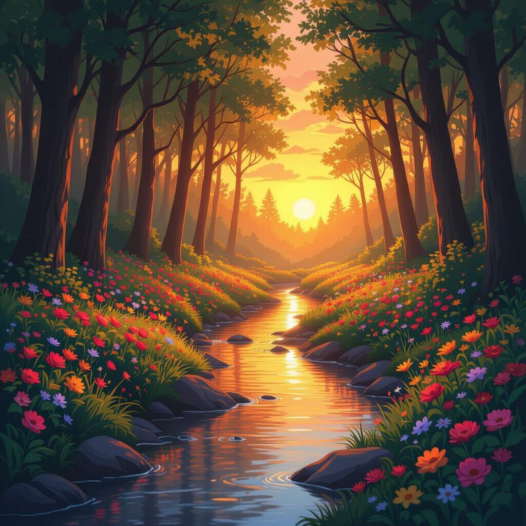 Serene Forest Path in Flat Cel-Shaded Anime Style