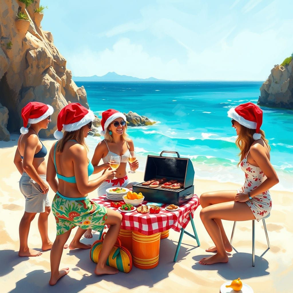 Joyful Aussie Christmas Beach Party in Vibrant Digital Art S...
