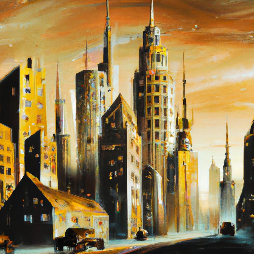 Art Deco Cityscape at Dawn Oil Painting