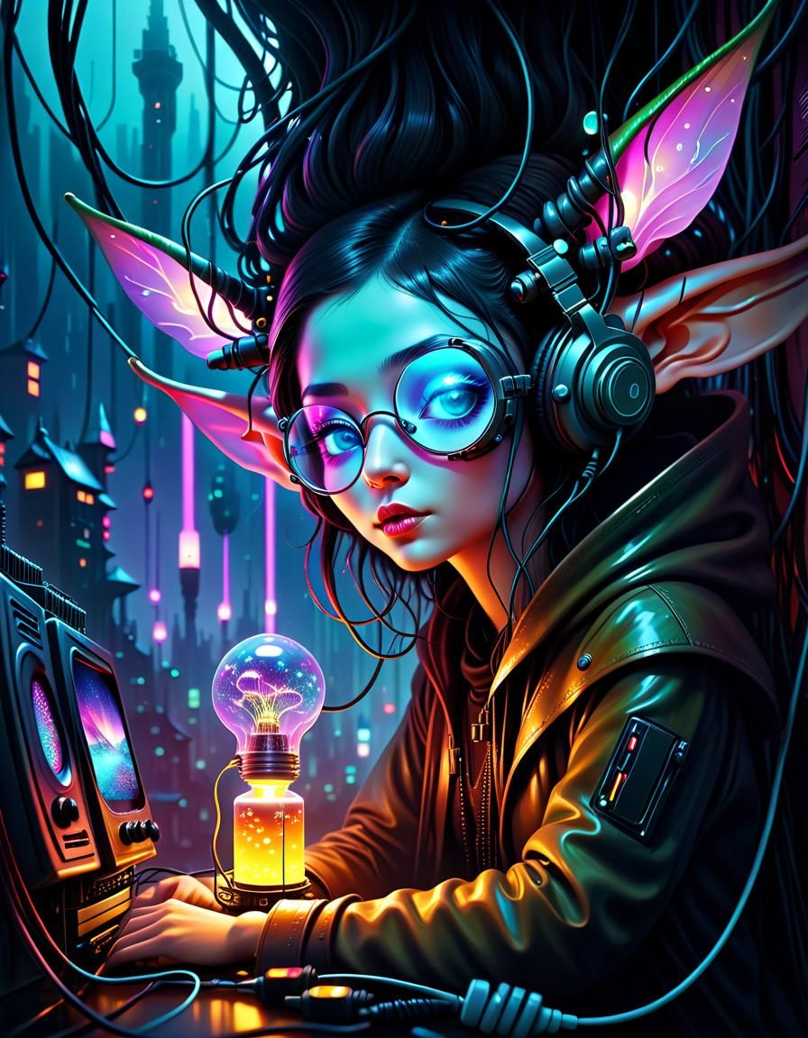 Cyberpunk Elf Portrait in Digital Splash Art Style