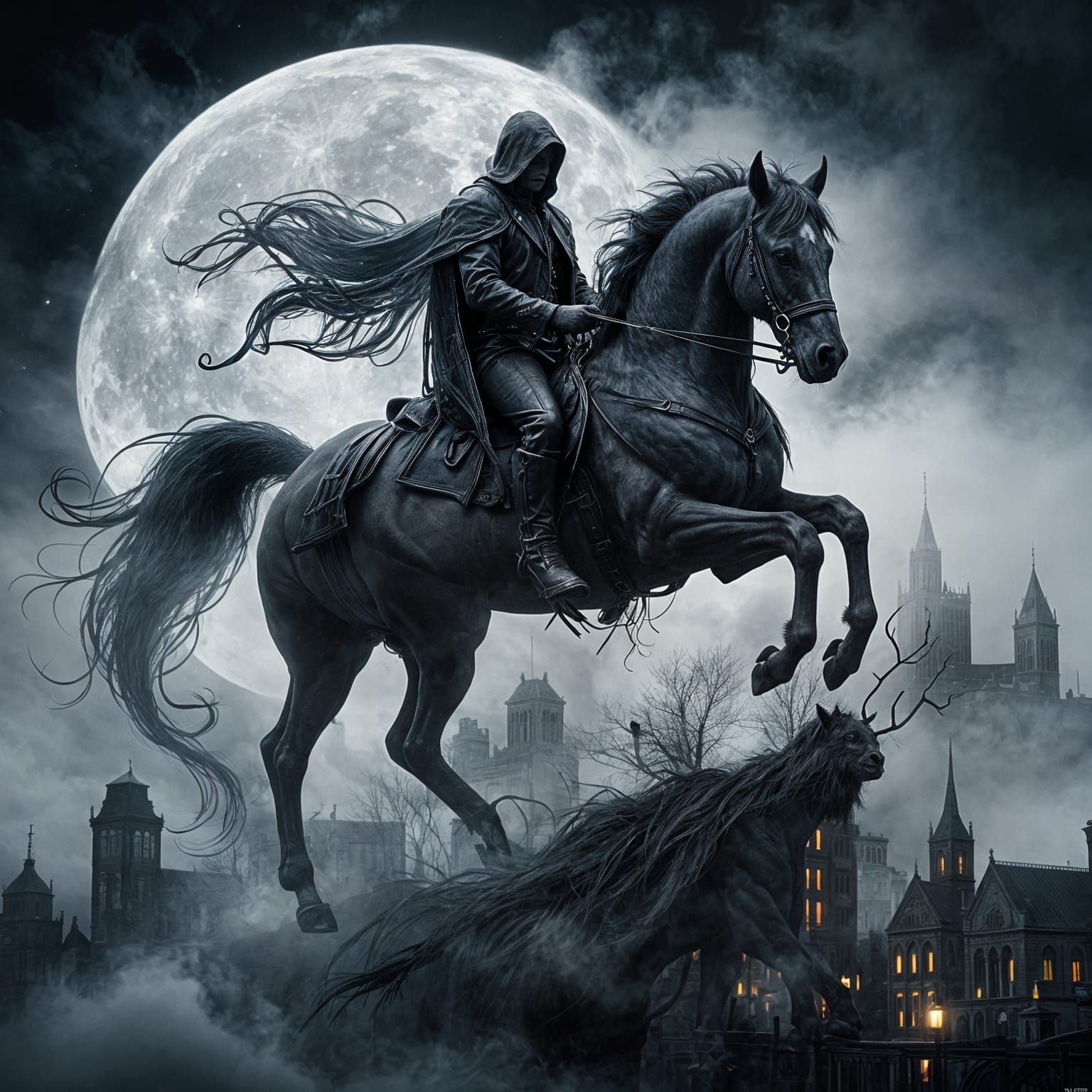 Ethereal Vampire Rides Ghost Horse Through Midnight City