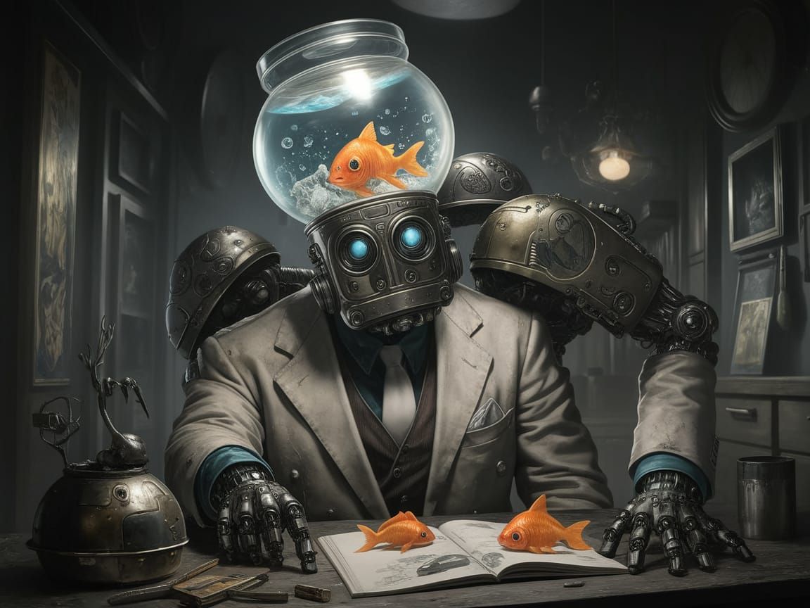 Cyborg Gentleman Robot in a Dark, Gritty, Surreal Scene